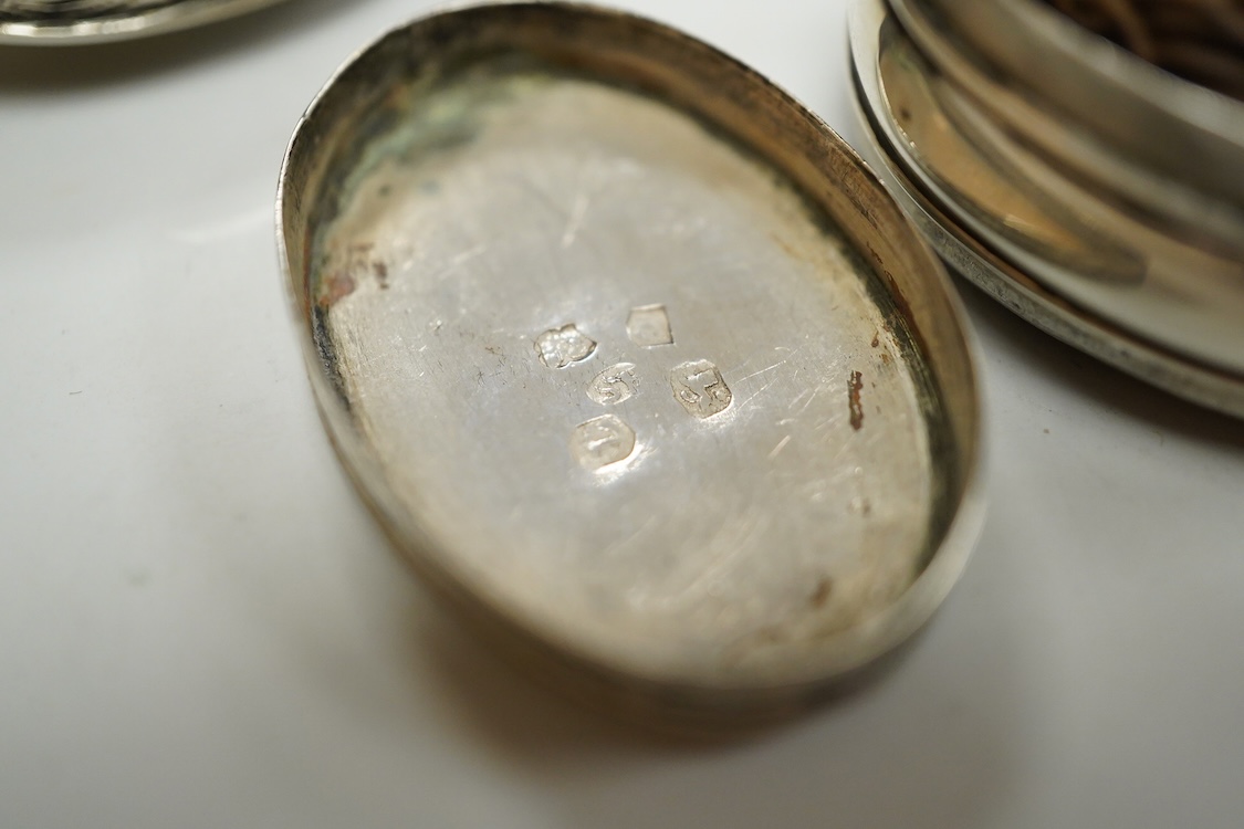 A George III silver oval nutmeg grater by Samuel Pemberton, Birmingham, date letter rubbed, 34mm.